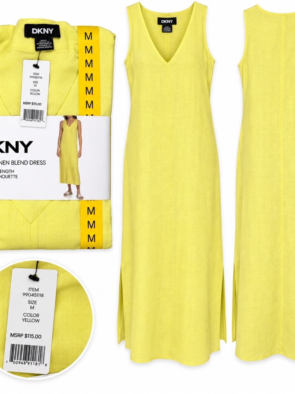DKNY Bright Yellow V-Neck Linen-Blend Maxi Dress